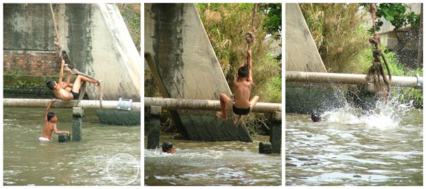 เด็กน้อยใช้ความสูงของสะพานผูกเชือกและโรยตัวลงมาเล่นน้ำคลายร้อน :tongue: