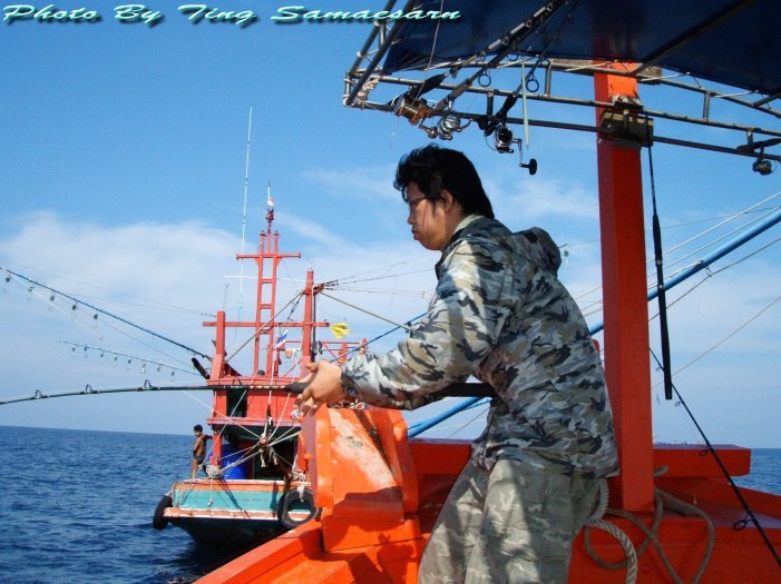          กลับมาที่หมายเดิม เรืออวนช้อนลำเดิมยังอยู่ แล้ว น้องหมี ก็ประเดิมปลาตัวแรกซะเลย เด๋วจะหาว่า