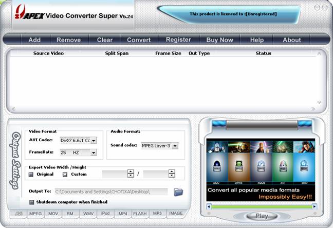 Apex Video Converter Super 6.24   :love: :love: :love:

เป็นโปรแกรม สุดยอดโปรแปลงไฟล์วีดีโอและภาพ 