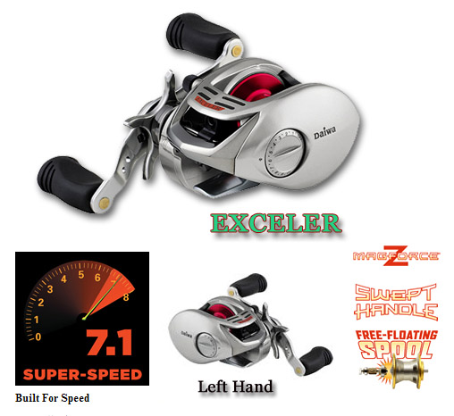 Daiwa EXCELER  

Model EXC100SH
Bearing 8BB+1RB
Gear ratio 7.1:1
Wt(oz) 9.4
Line 12/150
Max d