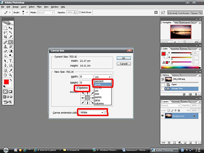 1.เลือกข้างหลังเป็น pixels เหมือนเดิมครับ
2.กดเครื่องหมายถูกที่ Relative
3.กดช่องข้างล่างเลือกให้เ