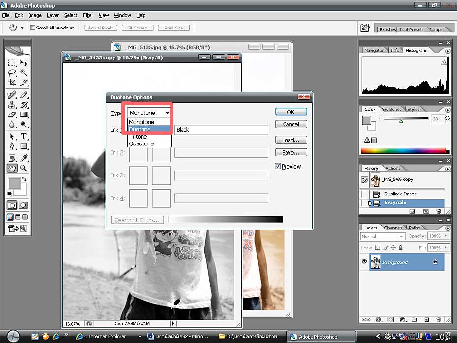 เลือกกรอบในช่องเล็กๆครับ  :smile: :smile: :smile:
ให้เลือกคำสั่ง Duotone เพื่อทำการผสมสี 2 สีครับ  