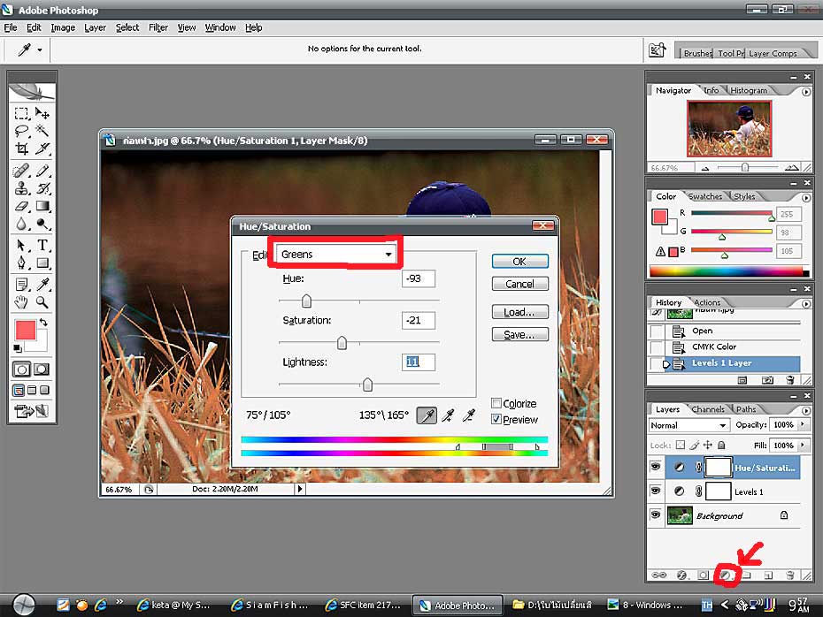 เลือกคำสั่งมุมขวาล่างครับ  :grin: :grin: :grin:
เลือก Hue/Saturation ครับ  :grin: :grin: :grin:
เล