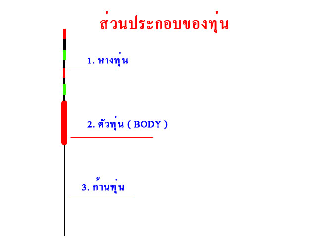 ส่วนประกอบของทุ่นมีดังนี้ครับ 
     1. หางทุ่น  
     2.ตัวทุ่น ( BODY )  
     3. ก้านทุ่น
 :la