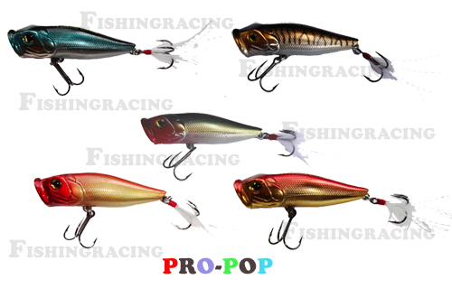 เหยื่อปลอม Fishingracing 
ประเภท:ป้อปเปอร์(Top water)
ตัวเบ็ด:4*2ตัว
ความยาว:6.5cm.
ปลาที่ตกได้: