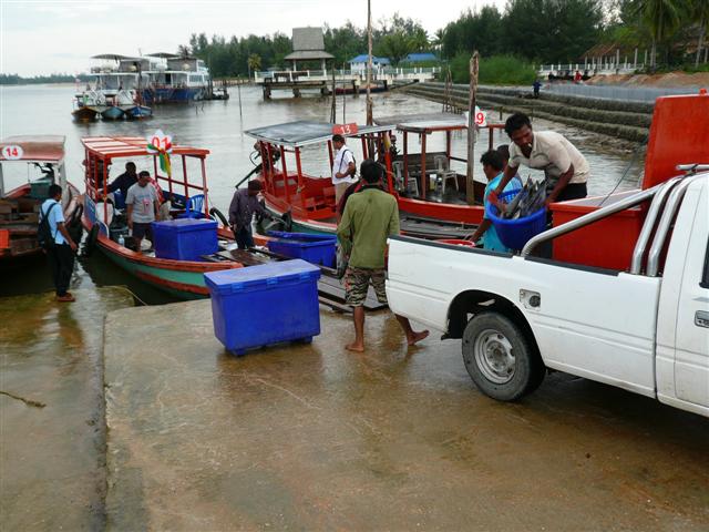 ขนลงเรือเสร็จแล้ว ก็มาช่วยๆกันขนขึ้นรถต่อ 555 สนุกดี ที่ท่าเรือคนมุงดูเต็มเลย 
ที่เกาะคอเขาปลามงเค้