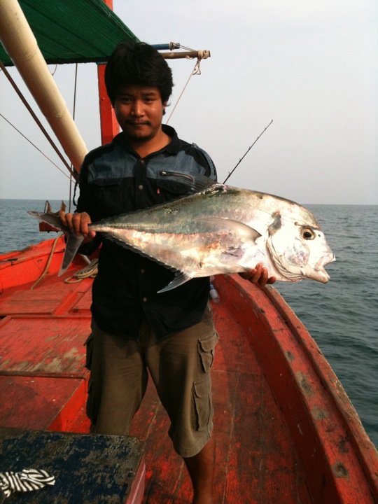 รอจน4โมงก็แล้วกำลังเก็บเบ็ดเข้าฝั่งคันที่อยู่ท้ายเรือก็กระตุกวุบ..... เพื่อนแบงค์ก็ได้หล่ออีกรูปเลย(