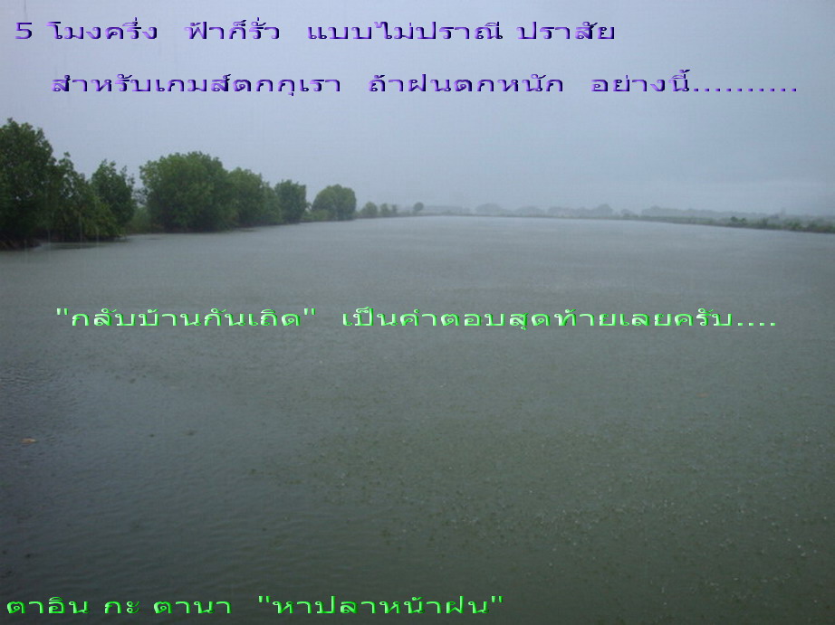 แล้วฟ้าก็รั่ว  หนักแน่น  ยาวนาน  ..................

จบกันที  เกมส์กุเรา  ที่เพิ่งเปิดตลาดมื้อเย็น