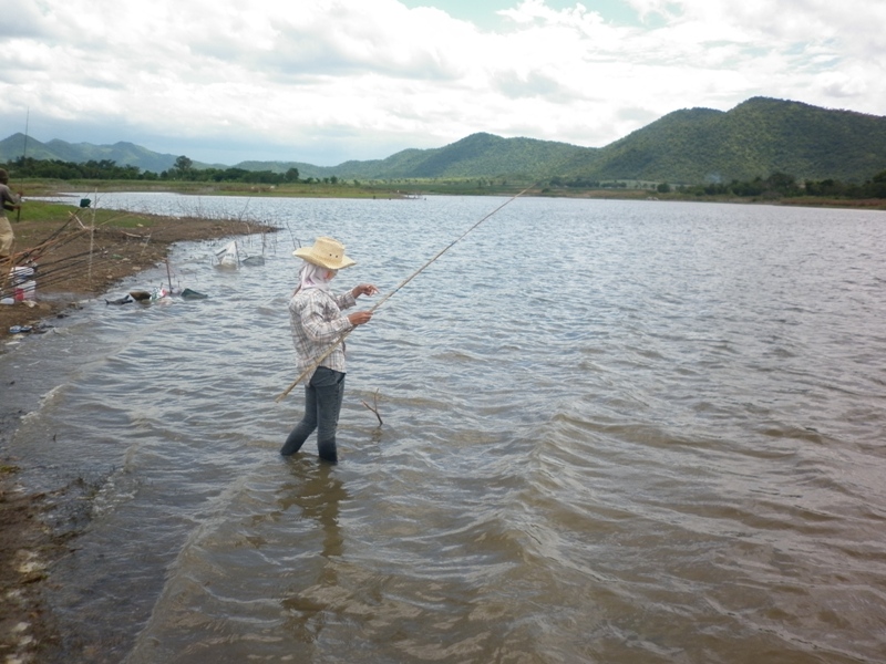 มีสุภาพสตรีผู้ที่ชื่นชมการตกตกปลามาร่วมสนุกสนานด้วยวันนี้  ที่สำคัน  ป้าแกใช้คันสามท่อนขนานแท้สาด้วย