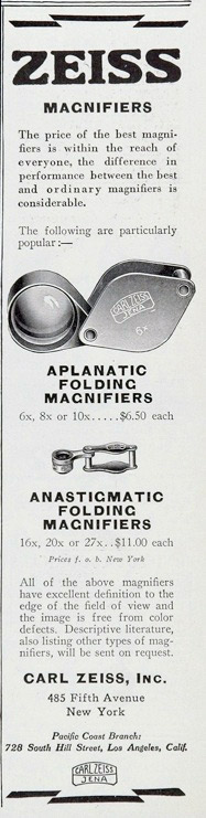 ใบโฆษณาสินค้าแว่นขยายพกพาแบบ Aplanatic ของ Zeiss ปี ค.ศ. 1929 โปรดสังเกต

 ราคาตอนนั้นขายกันตัวละ 