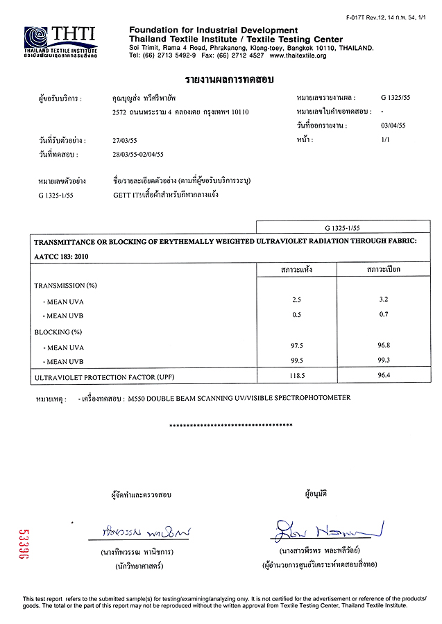 [b]Gett-it!  ผลิตภัณฑ์ที่ได้รับการรับรองว่า กันรังสี UV ได้ถึง 99.5% จากการทำ UV เทสของ กรมพัฒนาสิ่ง