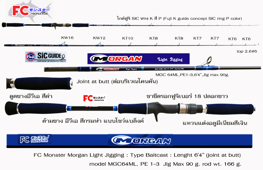 คัน FC Monster Morgan Light Jigging แบบ เบทคาสติ้ง
- MGC 64 ML,คัน PE 1-3 ความยาว  6 ฟุต 4 นิ้ว สอง