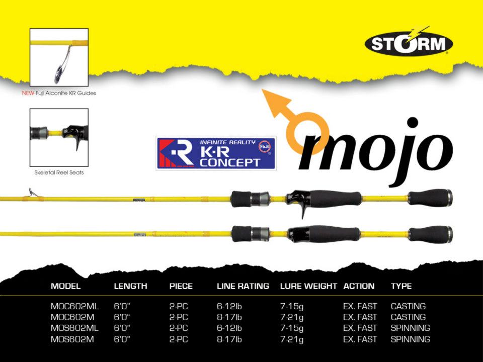 Storm Mojo
- Spinning/Baitcasting
- Guide : Fuji Guide SIC
- Seat : -
- Grip : EVA
- Section : 