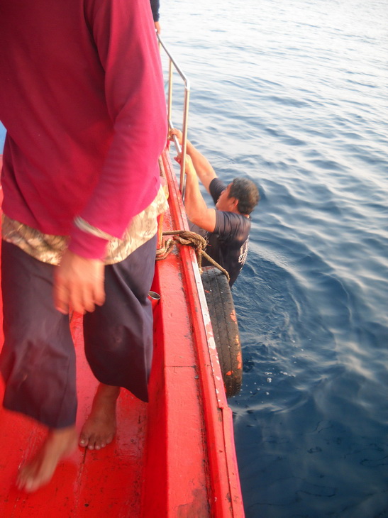 เราตกกันจนเช้าแล้วก็วิ่งเรือกลับเข้าฝั่งครับตอนเช้าหลับกันยาวครับ
เรือวิ่งมาสักพักมีเชือกมาพันใบพัด