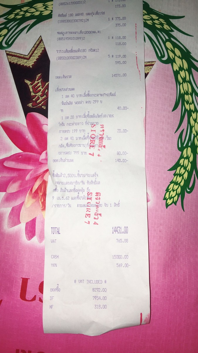 ใบเสร็จ​สินค้าที่เราได้จัดซื้อของไปบริจาคครับ