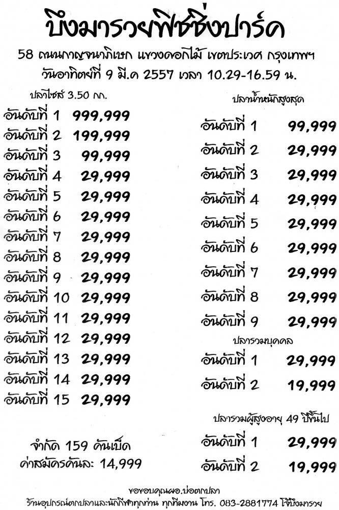 9 มีนาคม นี้มาลุ้นกันใครจะได้รับรางวัลที่ 1   999,999 บาท บึงมารวยฟิชชิ่งปาร์ค