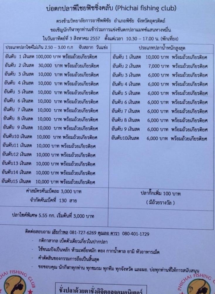บ่อตกปลา พิชัยฟิชชิ่งคลับ อาทิตที่ 3 สิงหา หัว 100,000 หาง 10,000 ห้ามพลาดครับ..