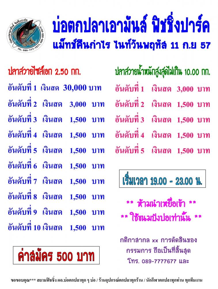 ไนท์วันพฤหัสที่ 11 ก.ย 57 แม็ทช์คืนกำไร 500 ลุ้นหัว 30,000 หาง 1,500