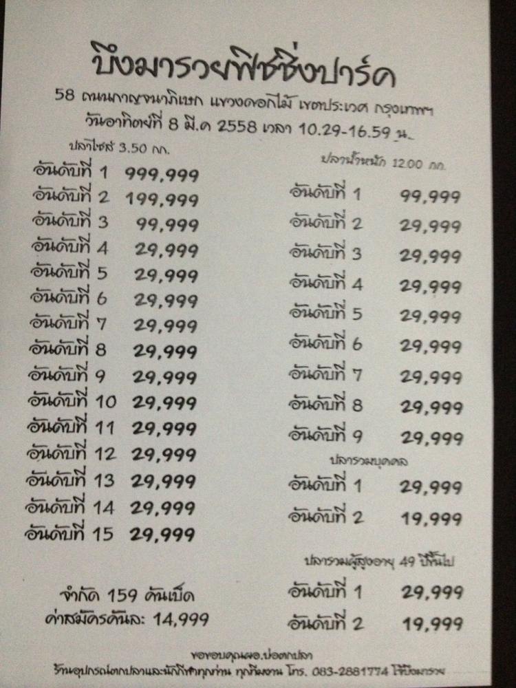 999,999 วันที่ 8 มีนาคม 2558 บึงมารวย บัตรเต็มแล้วครับ