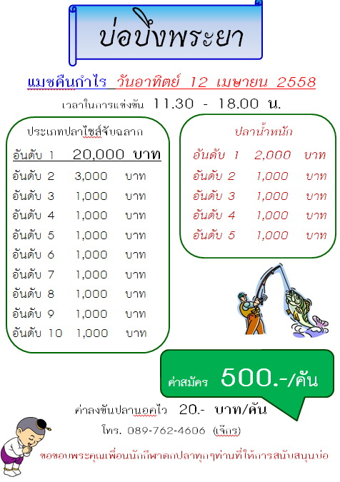 500 ชิง 20,000 อาทิตย์ 12 เม.ย.นี้ ที่บึงพระยา (บ่อน้าเปีย) แมชคืนกำไรให้ลูกค้า