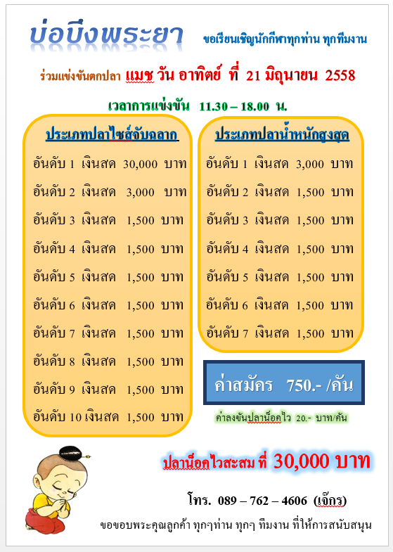 อาทิตย์ 21 มิ.ย. บึงพระยาหัว 30,000 ปลาน็อคก็ 30,000 จ้า