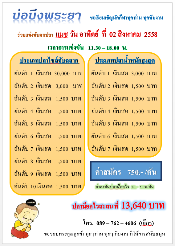 บึงพระยา อาทิตย์ 02 สิงหาคม 58 หัว 30,000 น็อค 13,860 จ้า