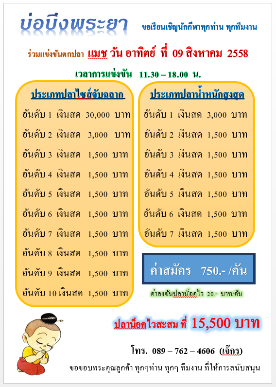 บึงพระยา อาทิตย์ 09 สิงหาคม 58 หัว 30,000 น็อค 15,5000 จ้า