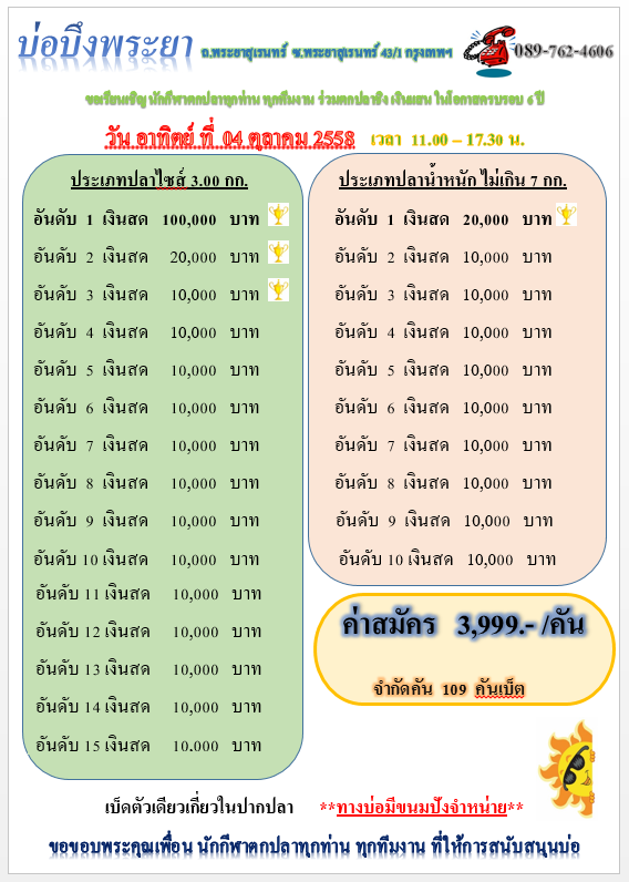 บึงพระยา อาทิตย์ 09 สิงหาคม 58 หัว 30,000 น็อค 15,5000 จ้า