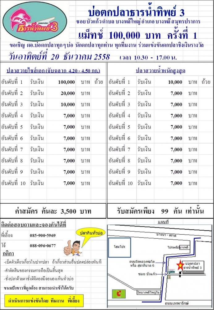 อาทิตย์ที่ 20 ธันวาคม 2558  แม็ทช์ 100,000 ครั้งที่ 1 บ่อตกปลาธารน้ำทิพย์ 3