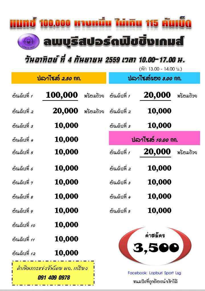 4 กันยายน 59 ลุ้น 100000 หาง 10000 @ลพบุรีสปอร์ตฟิชชิ่งเกมส์