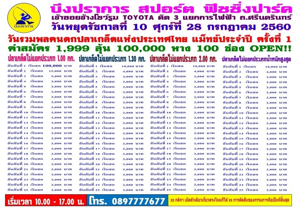 บึงปราการ ปลาเกล็ด 1,999 บาท ลุ้น หัว 100,000 หาง 2,000 รวม 100 รางวัล..!!