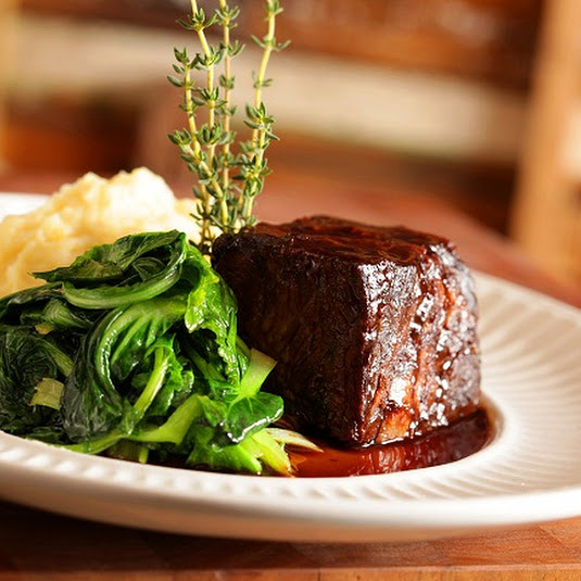 Boneless Braised Short Ribs with Black Riceberry and Bok Choy.