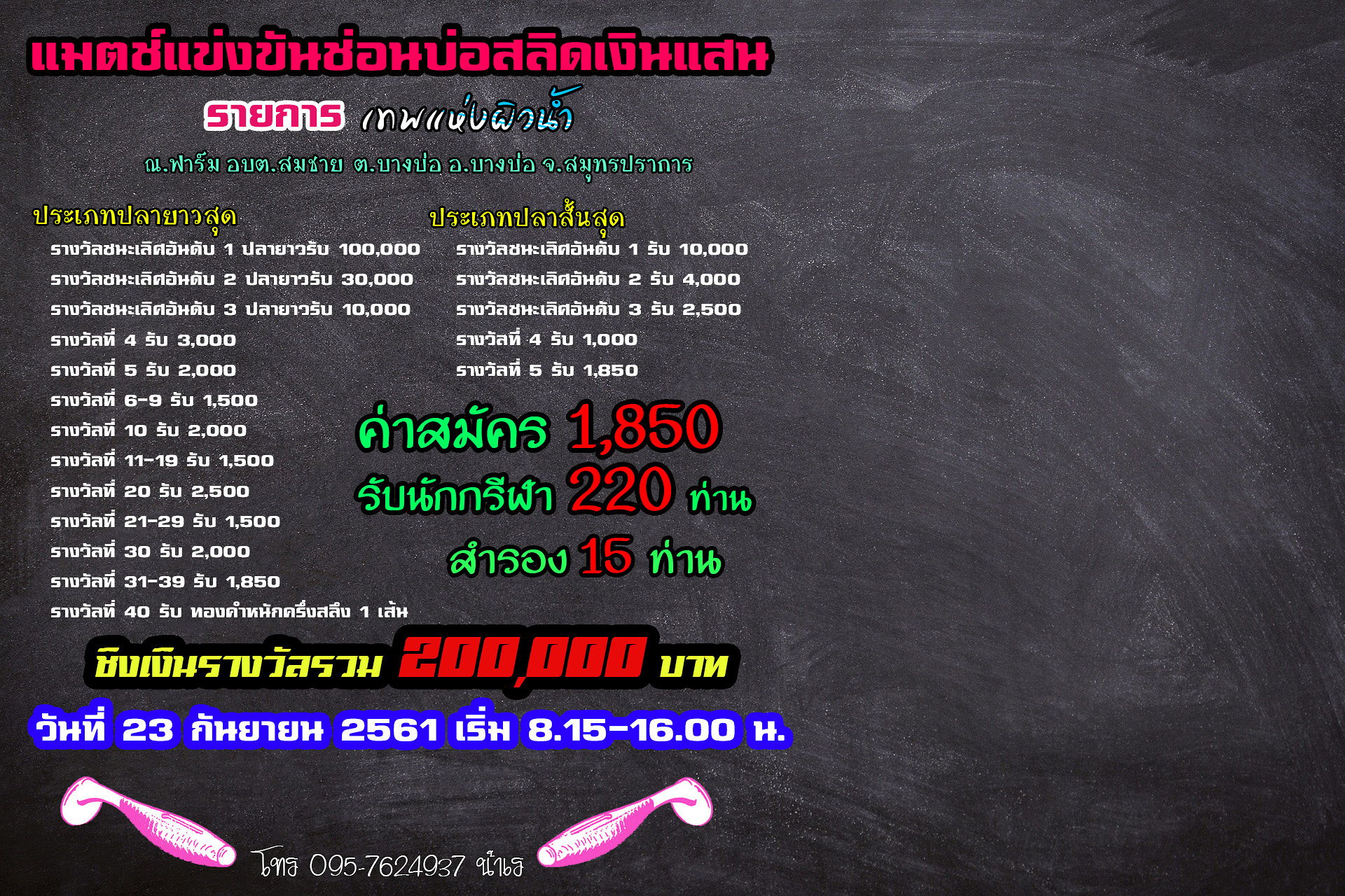 ประกาศยกเลิกการแข่งขัน ตกปลาช่อนบ่อสลิดเงินแสน สมุทรปราการ