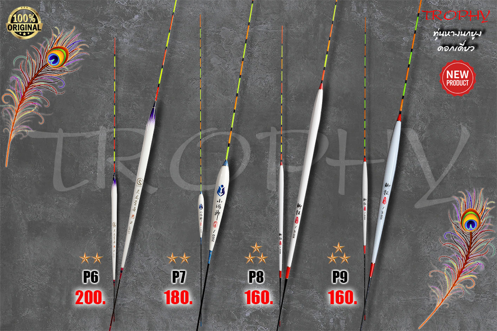 [b]ทุ่นหางนกยูงเดี่ยว P6-P9 [/b] 

ชุดทุ่นชิงหลิวงานระดับสะสมเกรด Premium [b]เป็นทุ่นที่ทำจากหางนก