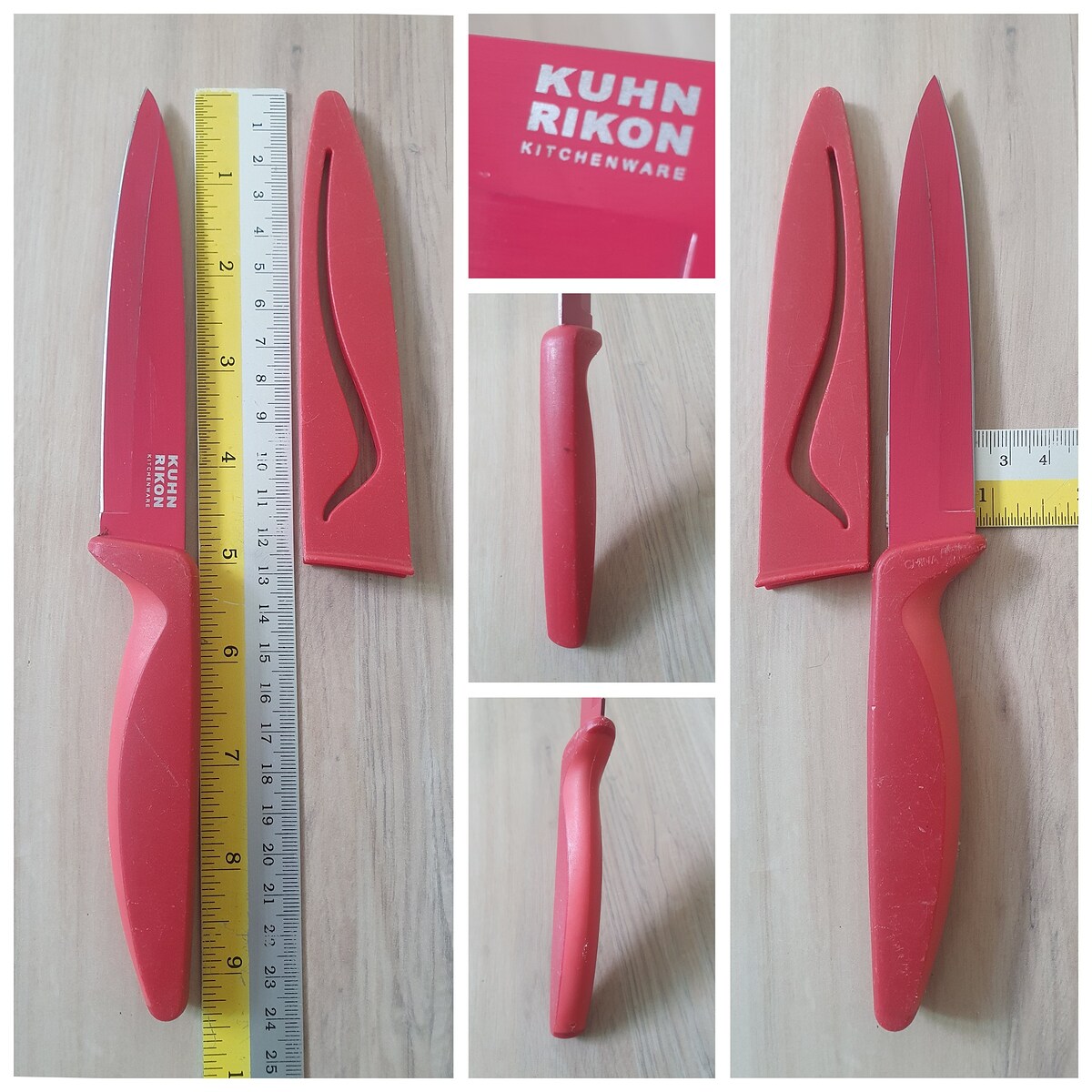 12.Kuhn Rikon มีดแบรนด์ สวิส ผลิดจีน วัสดุ stainless เคลือบสี สันหนา 1.5mm. ด้ามมีรอย ราคา 120